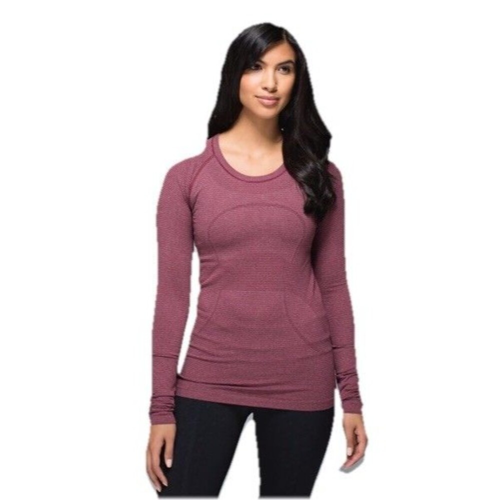 EUC Lululemon Swiftly Tech Long Sleeve Top Berry Stripe Thumbhole Sz 8